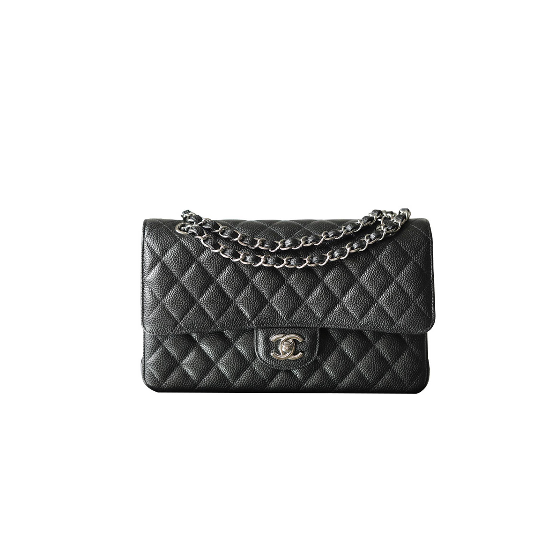 CHANEL MASTER CLASSIC FLAP MEDIUM BLACK ALL STEEL WHITE SILVER BUCKLE A01112 (25.5*15.5*6.5cm)